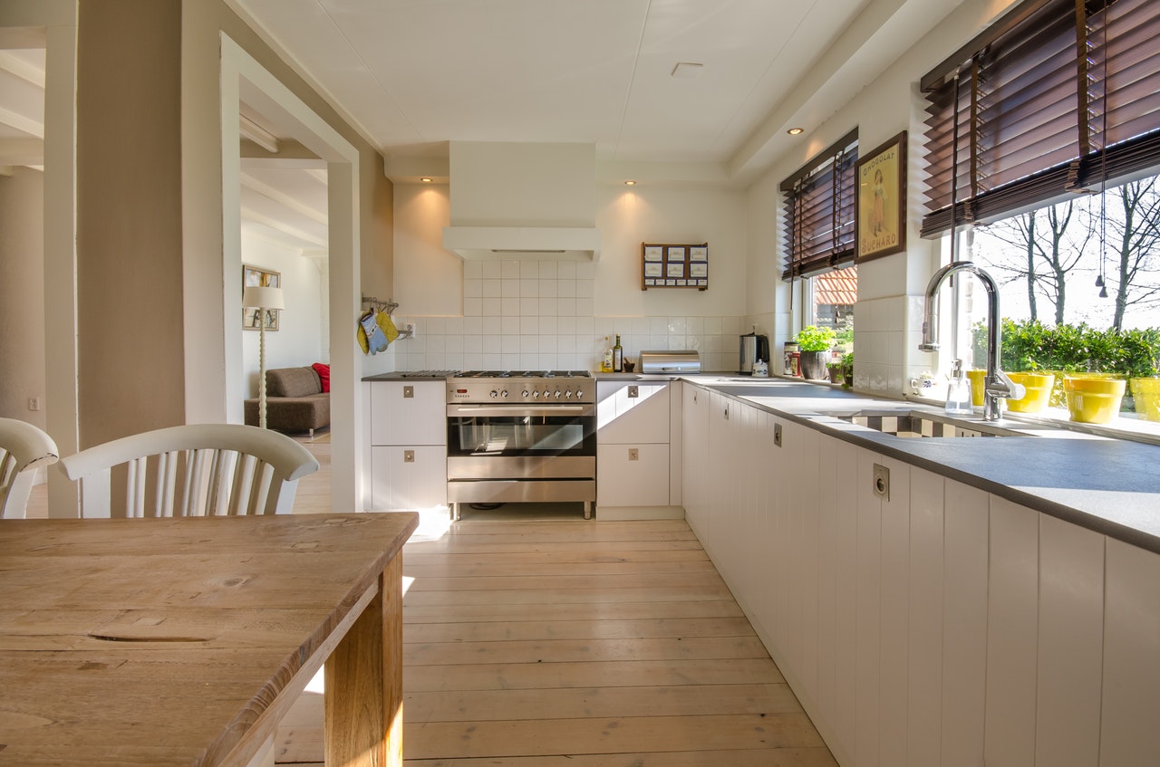 a kitchen with brown wood flooring